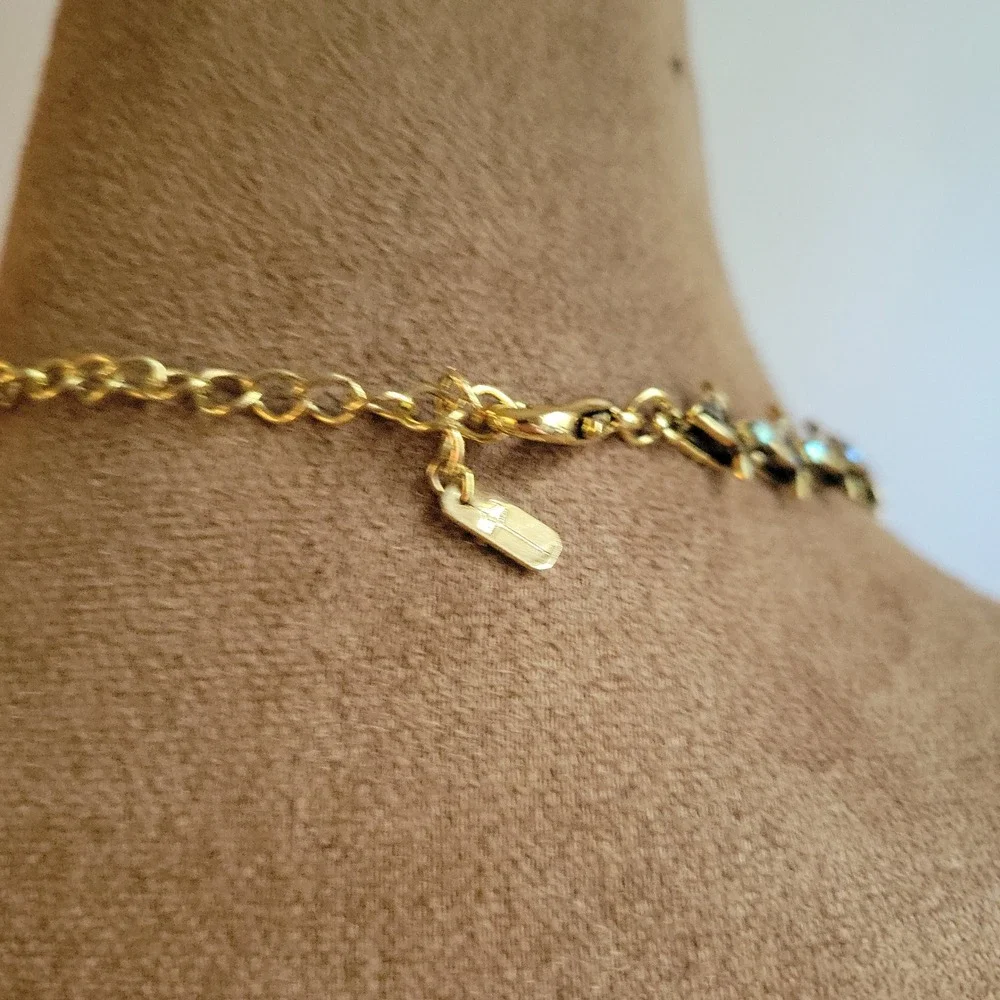 Vintage Style Gold Tone AB Rhinestone Floral Leaf Necklace 15 Inch Cottagecore
